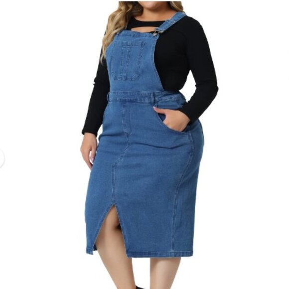 Agnes Orinda Women's Plus Size Overall Knee Slit Hem Denim Dress - NWT - Picture 2 of 5